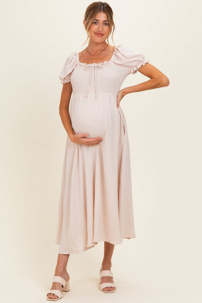 Beige Square Neck Puff Sleeve Maternity Midi Dress