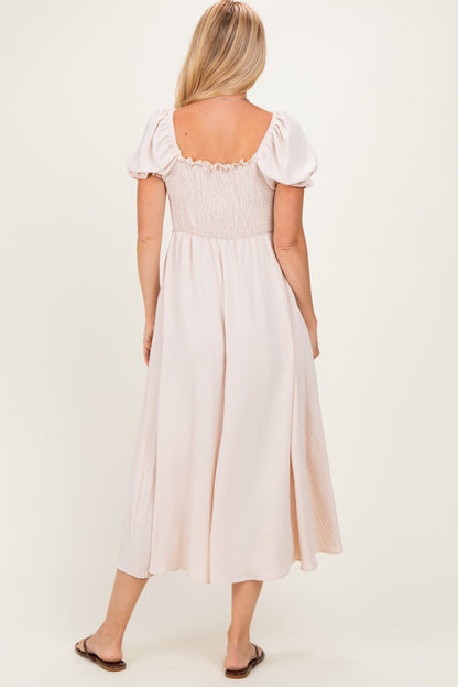 Beige Square Neck Puff Sleeve Midi Dress