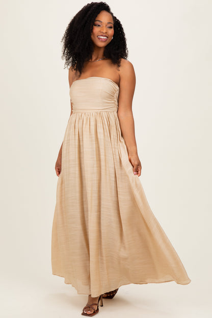 Beige Strapless Tie Back Maternity Maxi Dress
