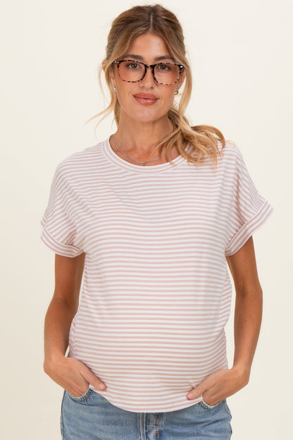 Beige Striped Short Sleeve Maternity Top