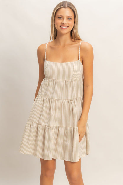 Beige Striped Tiered Cutout Dress
