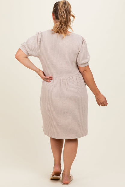 Beige Ribbed Knit Maternity Plus Midi Dress