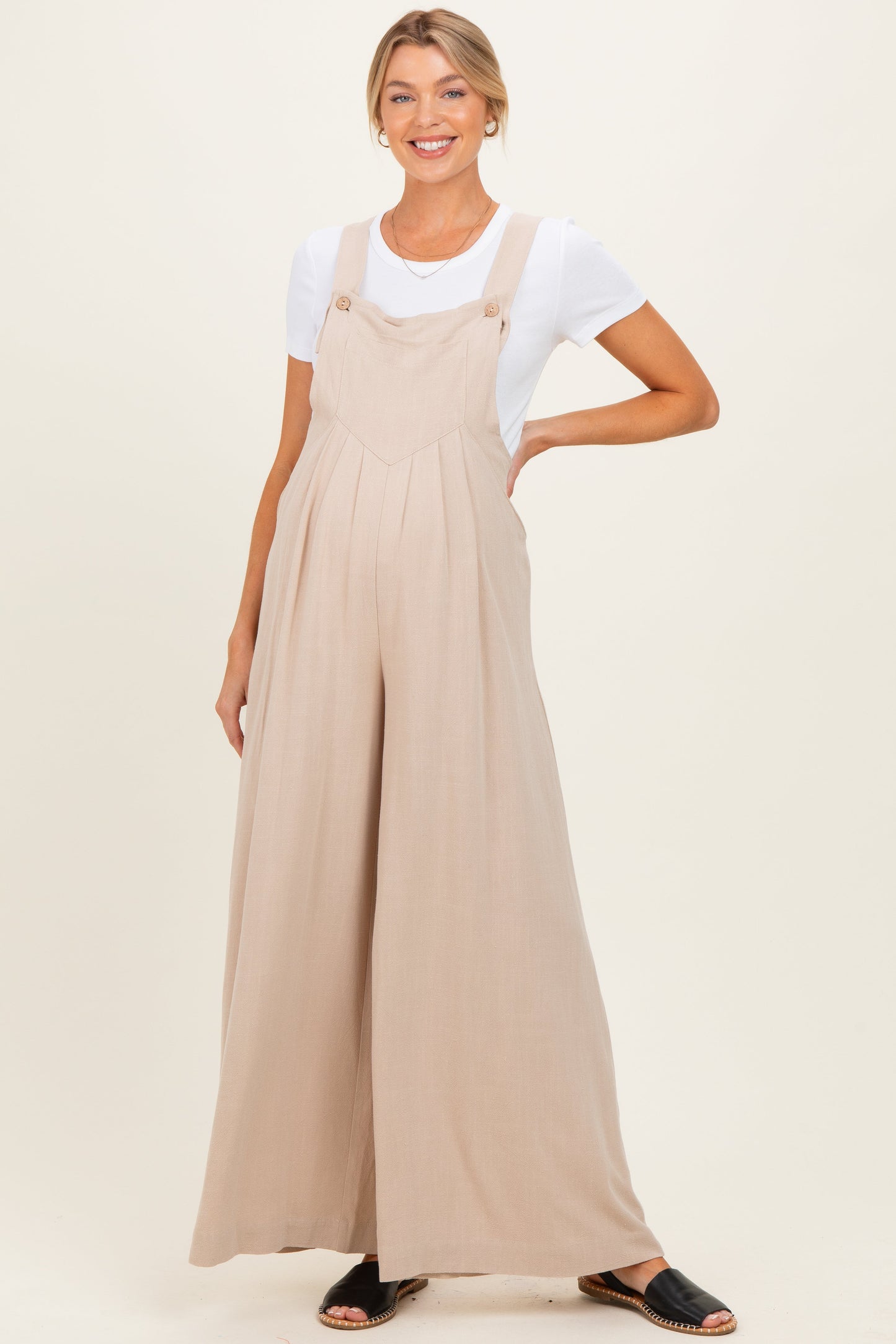 Beige Super Wide Leg Overall Maternity Jumpsuit
