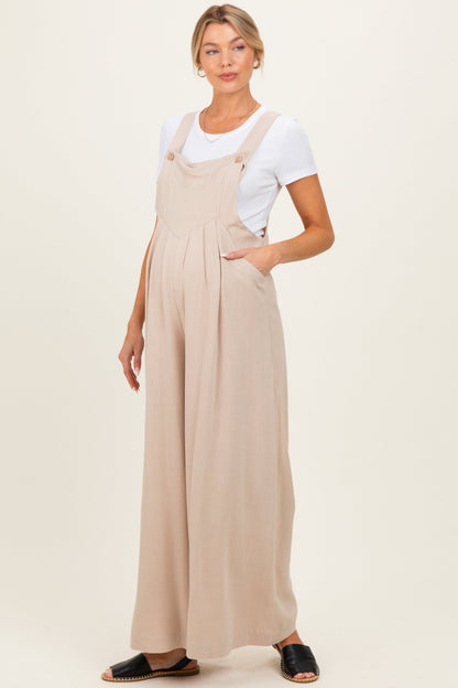 Beige Super Wide Leg Overall Maternity Jumpsuit