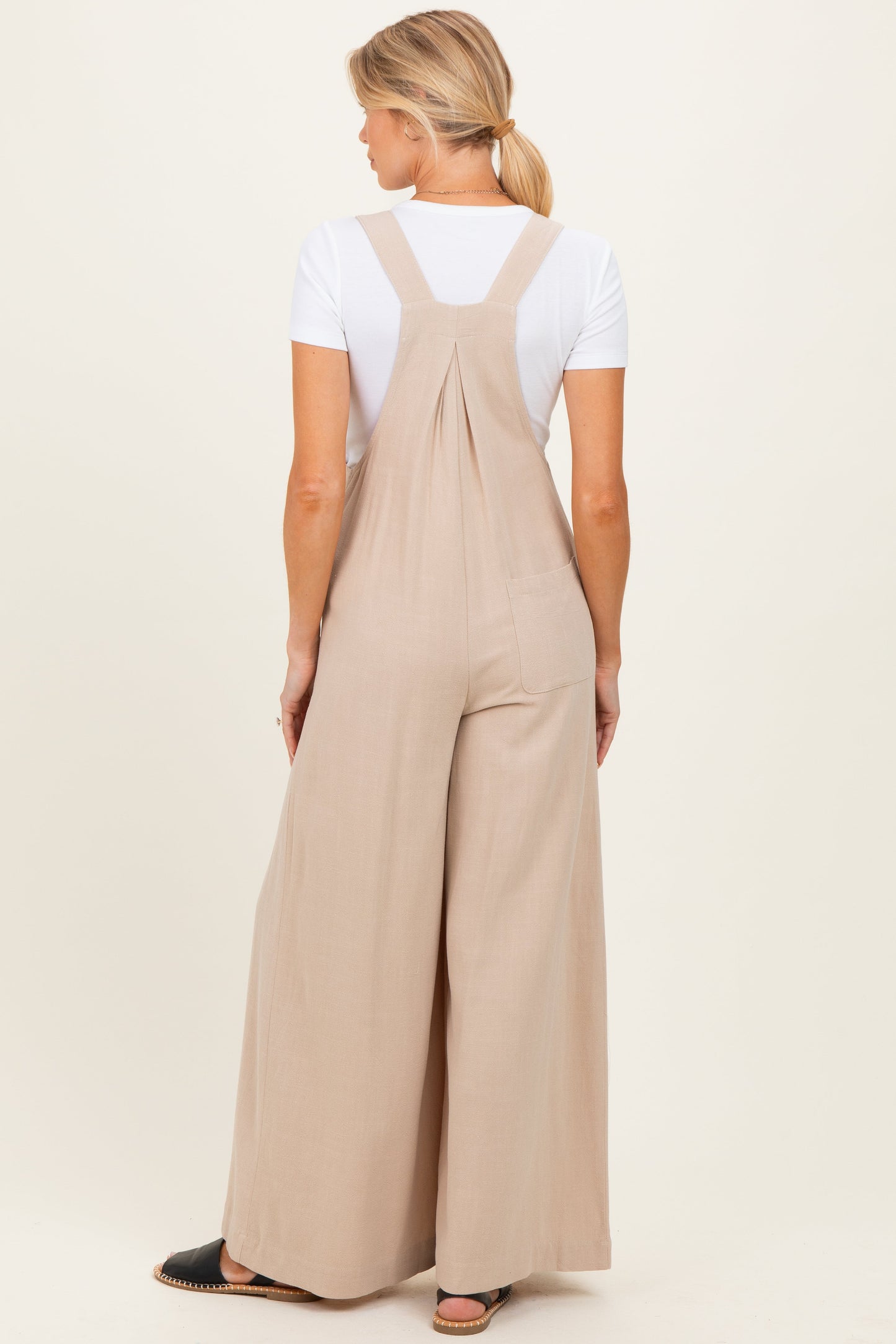 Beige Super Wide Leg Overall Maternity Jumpsuit