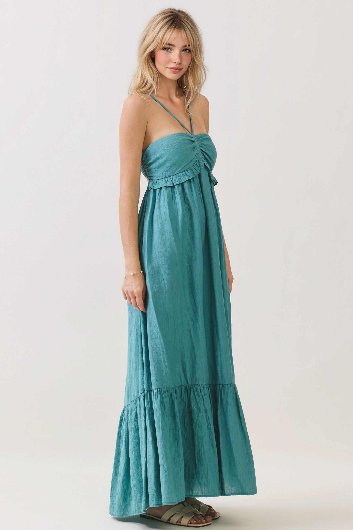 Aqua Teal Halter Neck Tiered Cutout Maxi Dress
