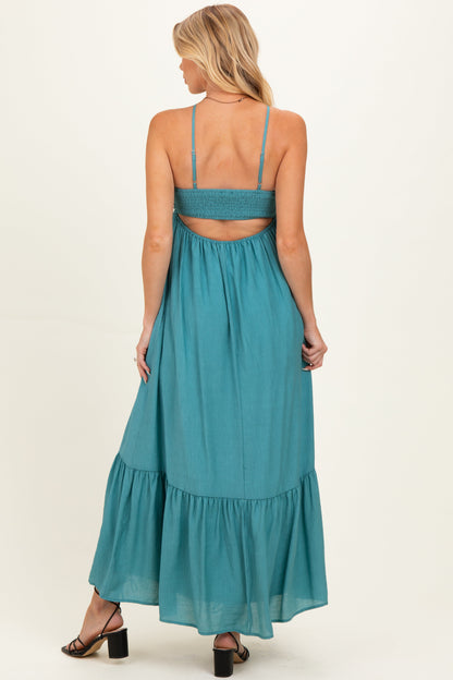 Aqua Teal Halter Neck Tiered Cutout Maternity Maxi Dress