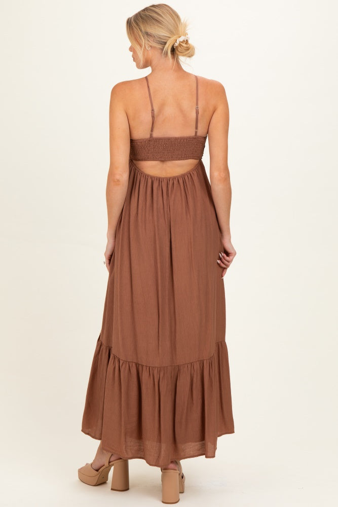 Amber Brown Halter Neck Tiered Cutout Maternity Maxi Dress