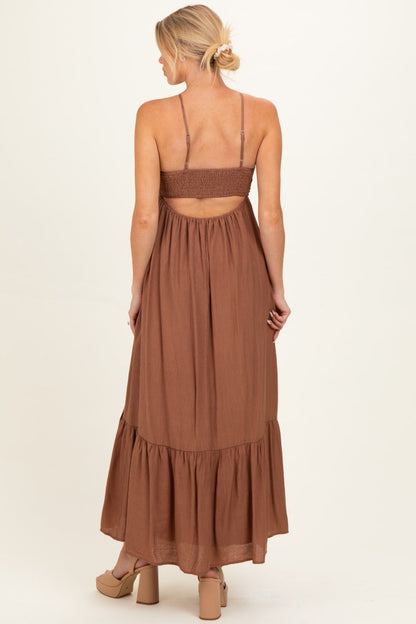 Amber Brown Halter Neck Tiered Cutout Maternity Maxi Dress