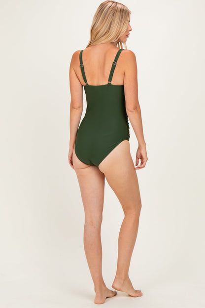 Army Green Ruched Square Neck One Piece Swimsuit