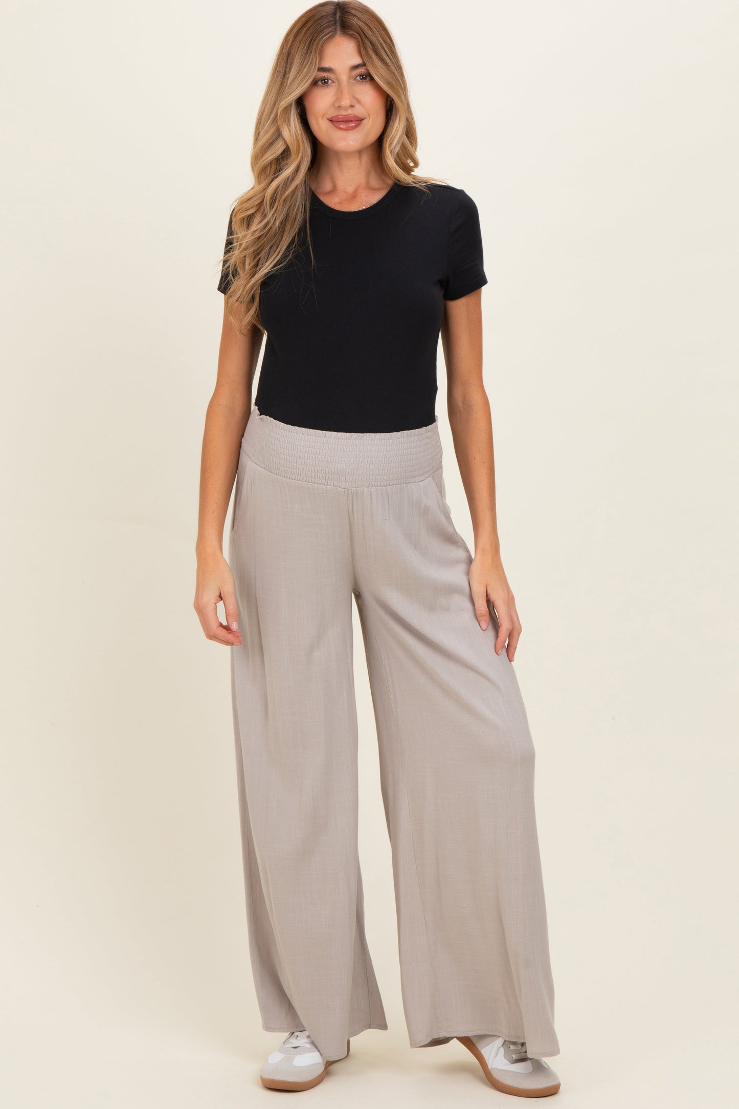 Beige Smocked Waistband Wide Leg Maternity Lounge Pants