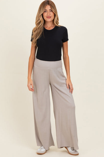 Beige Smocked Waistband Wide Leg Maternity Lounge Pants