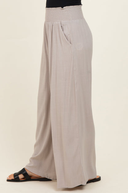 Beige Smocked Waistband Wide Leg Lounge Pants