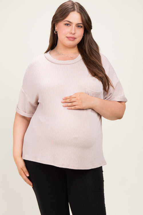 Beige Plus Raised Rib Short Sleeve Front Pocket Maternity Top