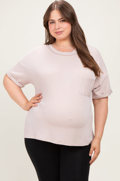 Beige Plus Raised Rib Short Sleeve Front Pocket Maternity Top