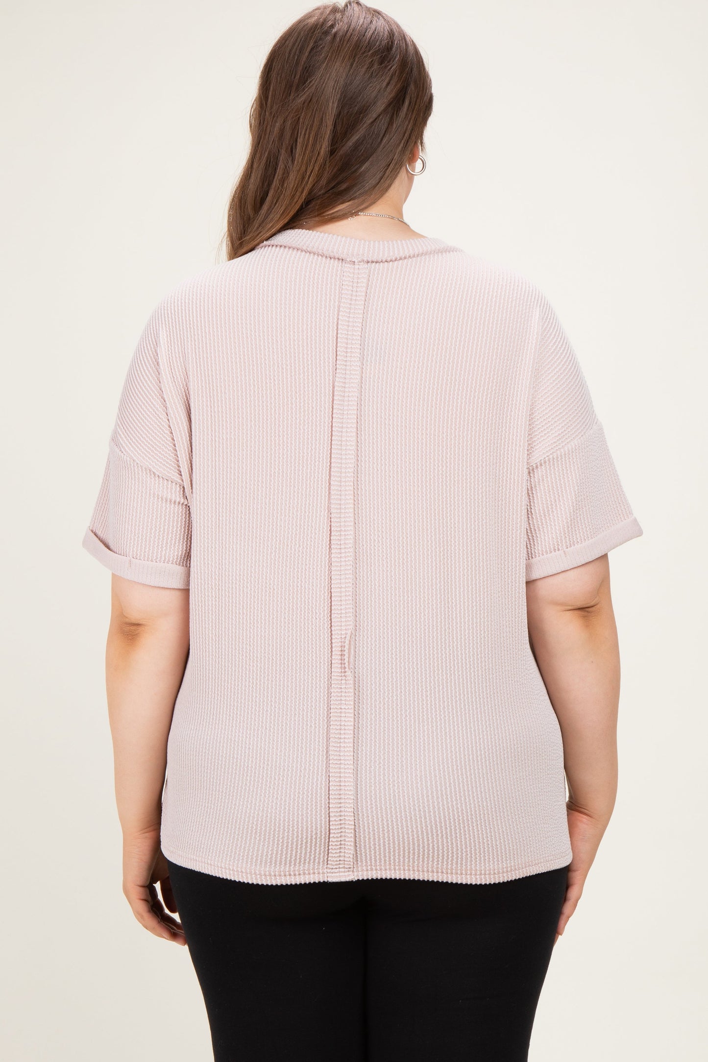 Beige Plus Raised Rib Short Sleeve Front Pocket Maternity Top