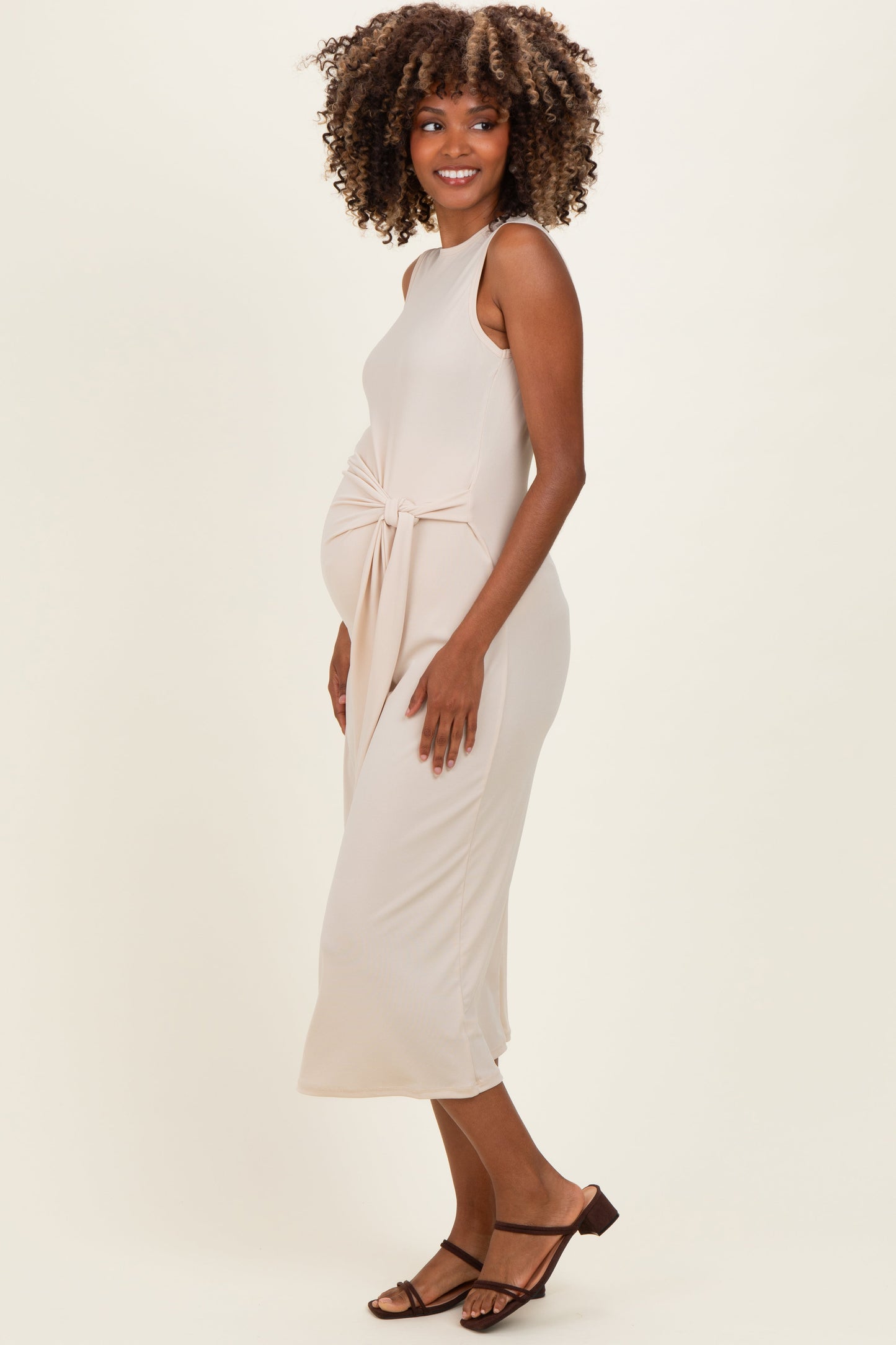 Beige Sleeveless Waist Tie Maternity Midi Dress