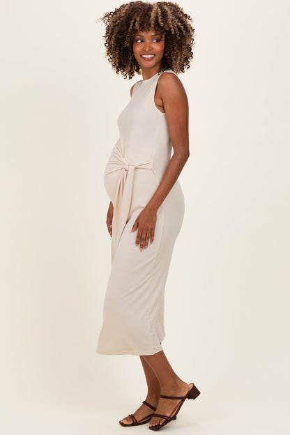 Beige Sleeveless Waist Tie Maternity Midi Dress