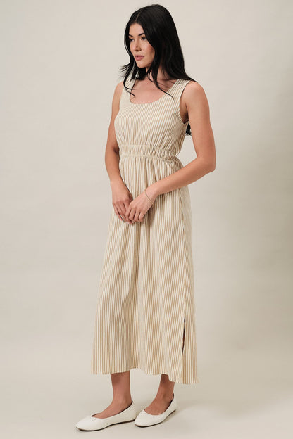 Beige Striped Sleeveless Cutout Maxi Dress
