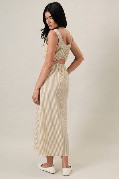 Beige Striped Sleeveless Cutout Maxi Dress