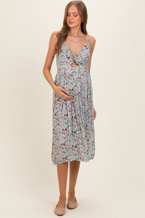 Aqua Floral Twisted Front Cutout Maternity Midi Dress