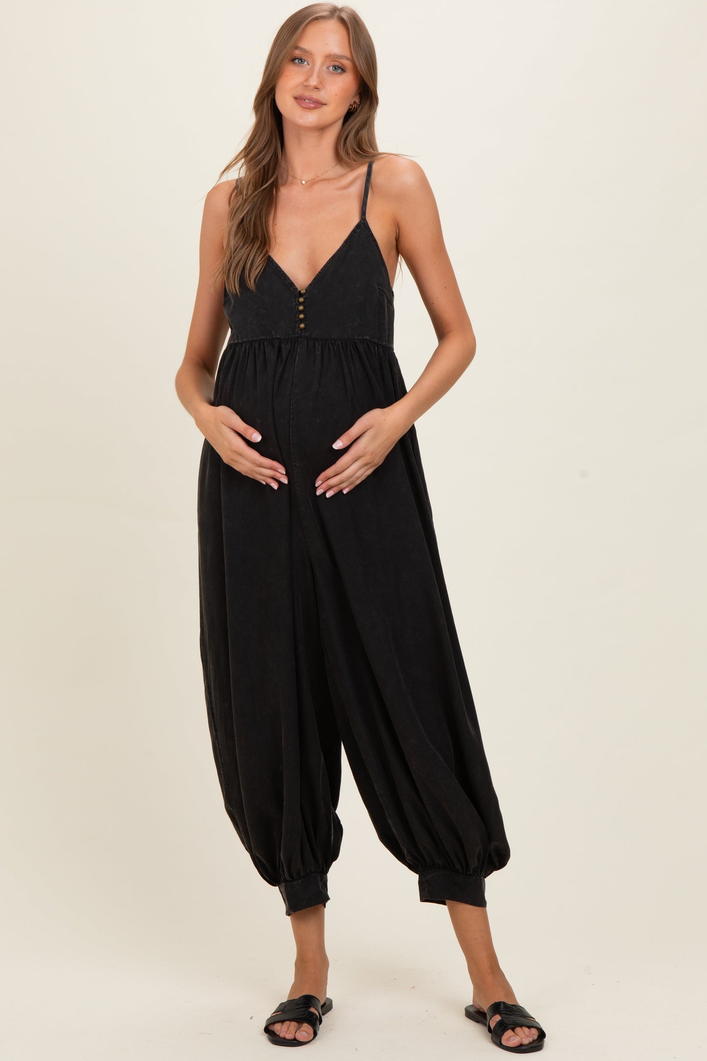 Ash Black Mineral Wash Sleeveless V-Neck Maternity Jumpsuit