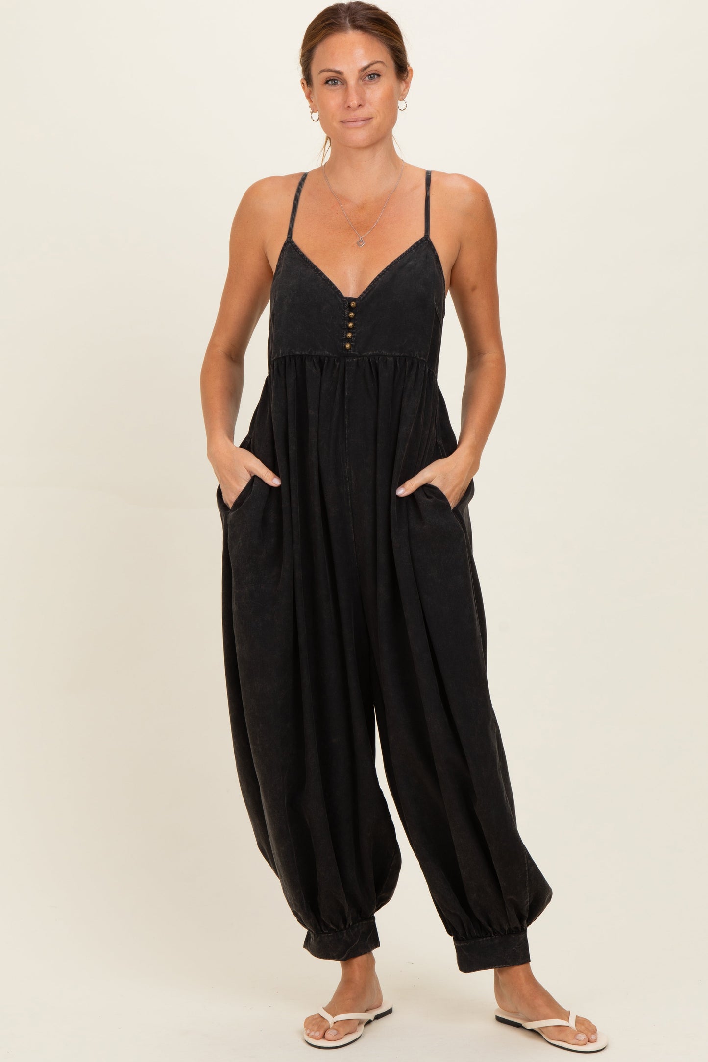 Ash Black Mineral Wash Sleeveless V-Neck Jumpsuit