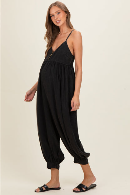 Ash Black Mineral Wash Sleeveless V-Neck Maternity Jumpsuit