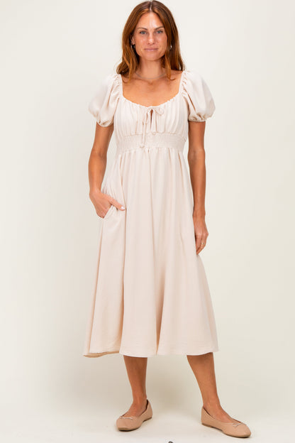 Beige Smocked Waist Short Sleeve Maternity Midi Dress
