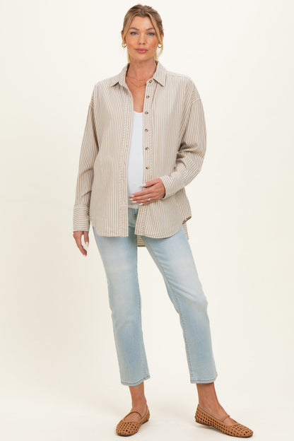 Beige Oversized Striped Button Down Long Sleeve Maternity Shirt