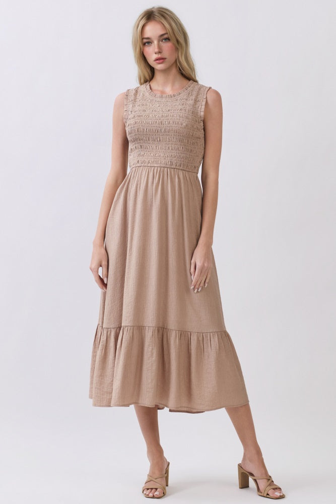 Beige Smocked And Tiered Maxi Dress