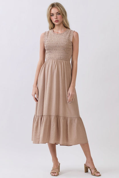 Beige Smocked And Tiered Maxi Dress