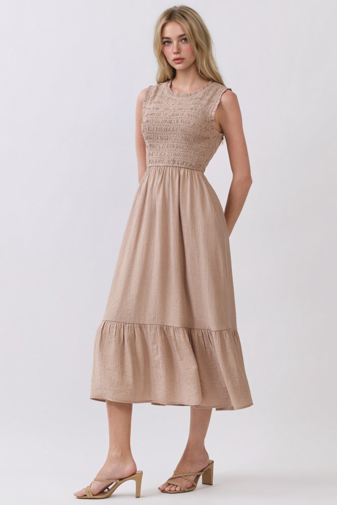 Beige Smocked And Tiered Maxi Dress