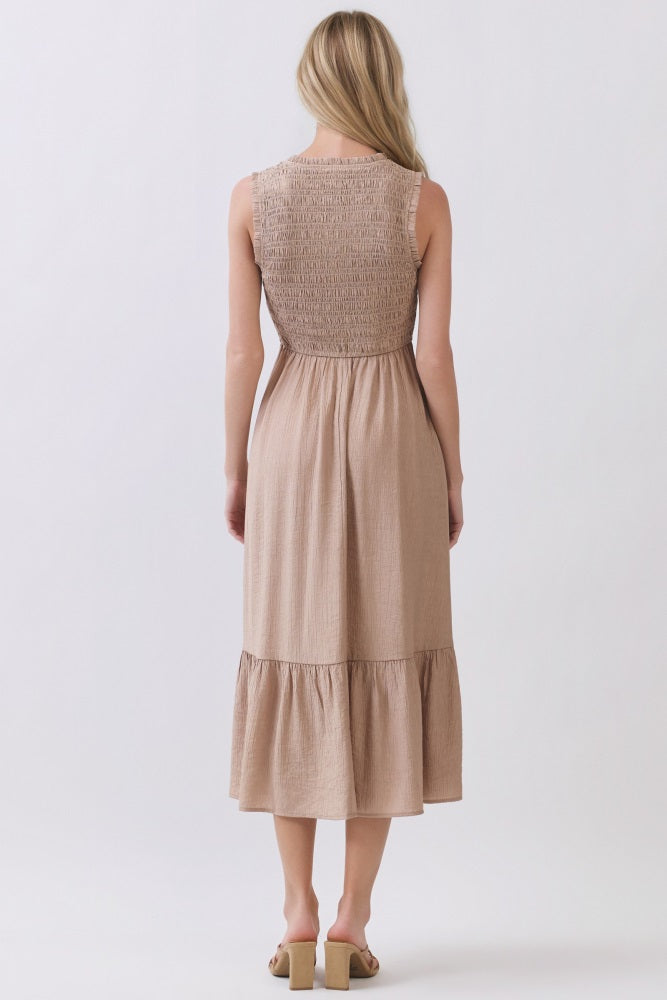 Beige Smocked And Tiered Maxi Dress