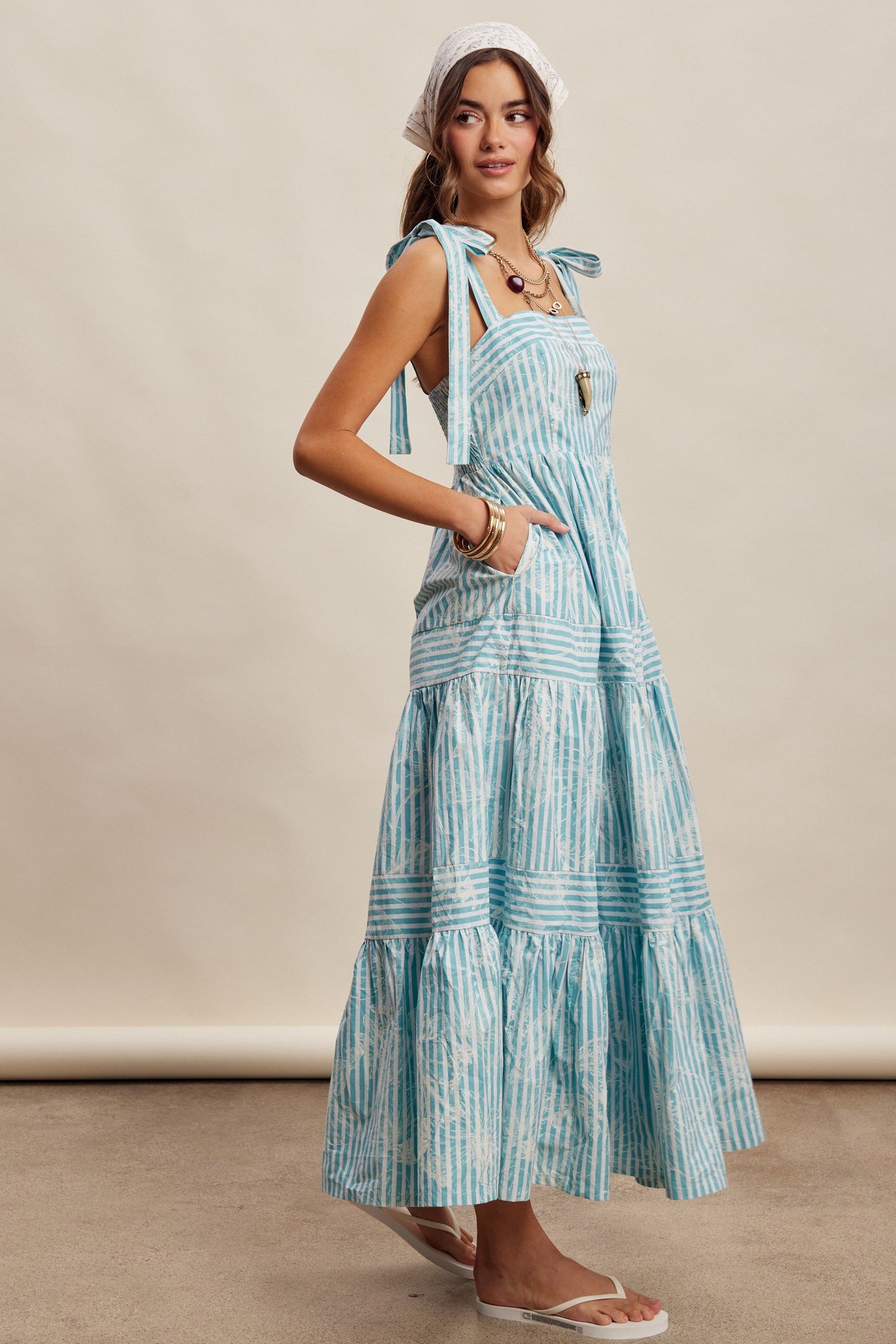 Aqua Striped Shoulder Tie Tiered Maxi Dress