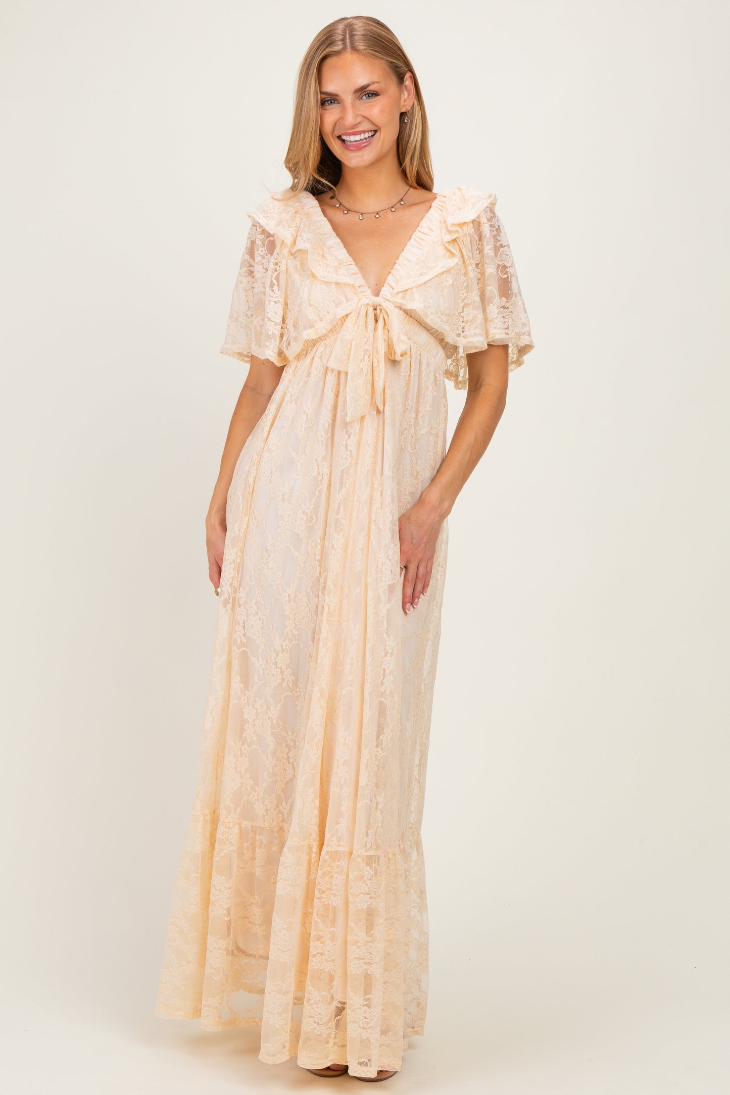 Beige Lace Flutter Sleeve Tiered Maxi Dress