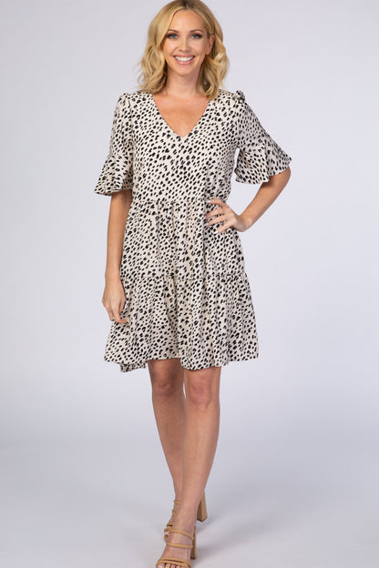 Beige Animal Print Ruffle Sleeve Dress