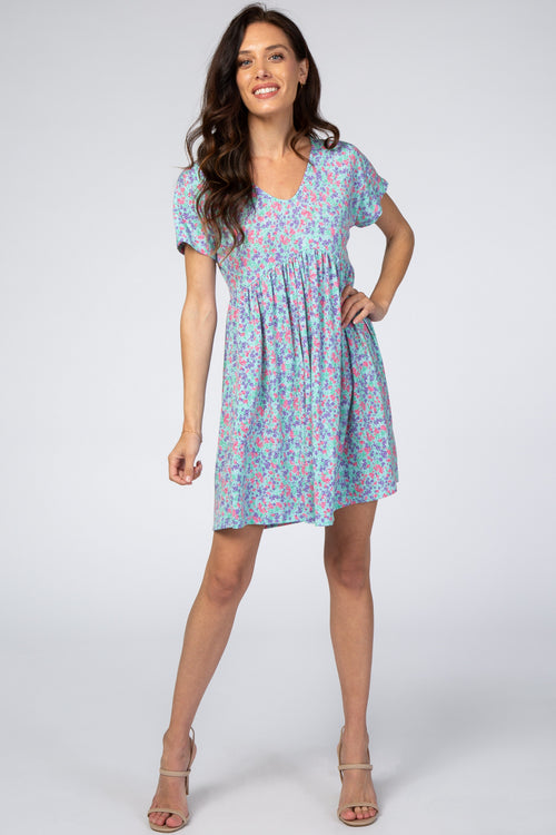 Aqua Floral Short Sleeve Dress