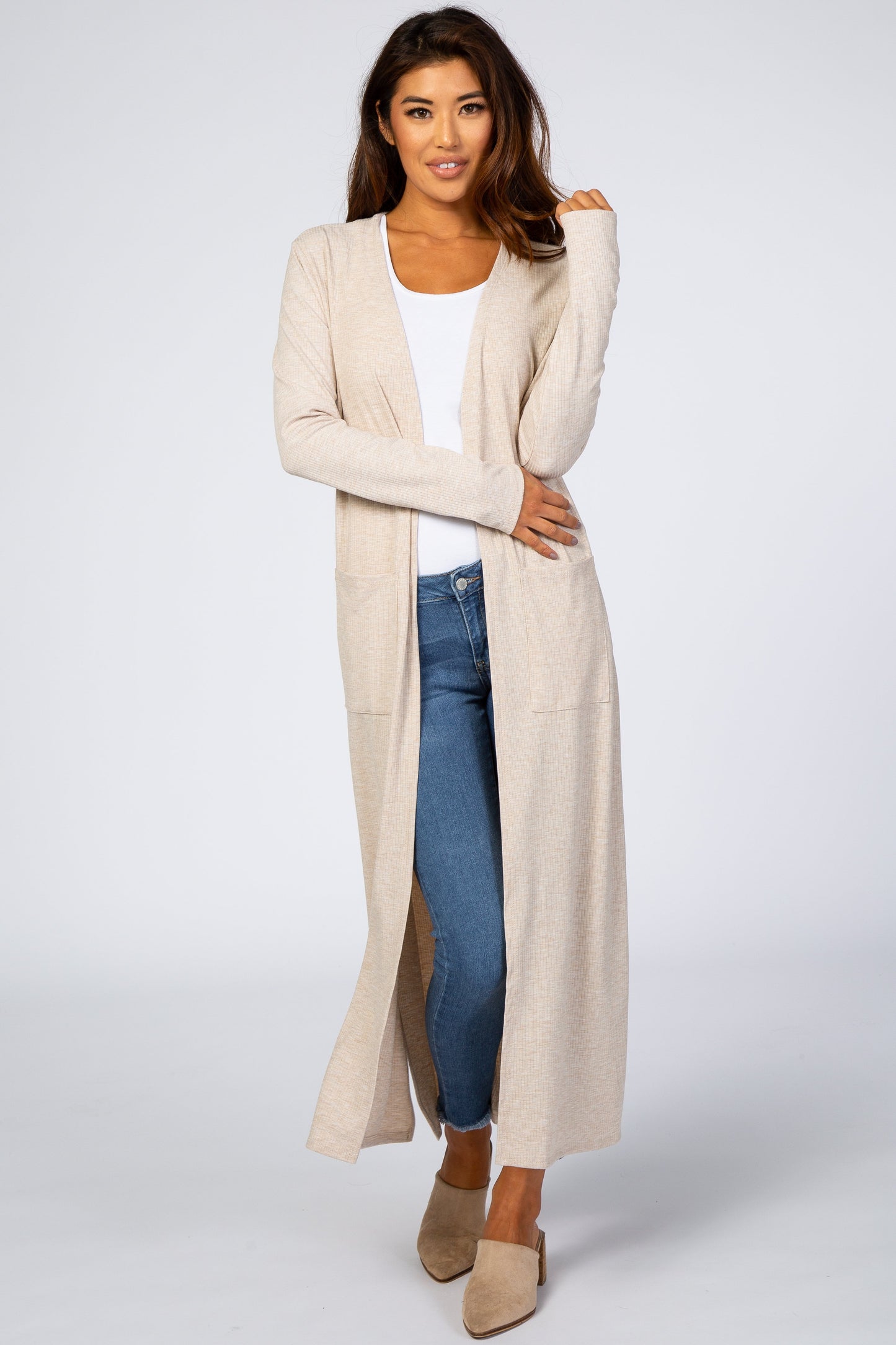 Beige Ribbed Long Sleeve Duster Cardigan