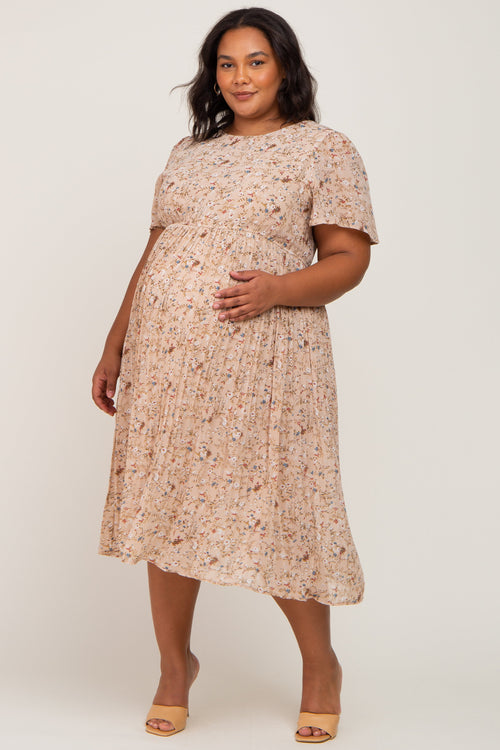 Beige Floral Pleated Chiffon Maternity Plus Midi Dress