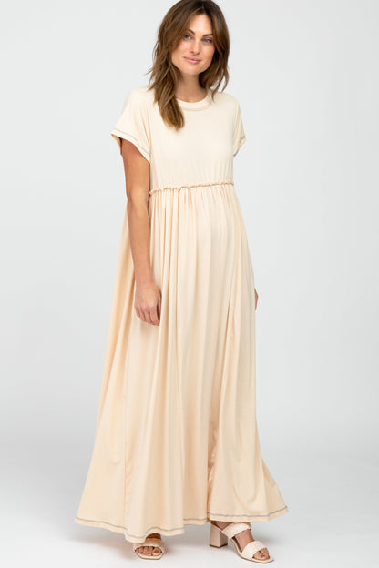 Beige Short Sleeve Babydoll Maternity Maxi Dress