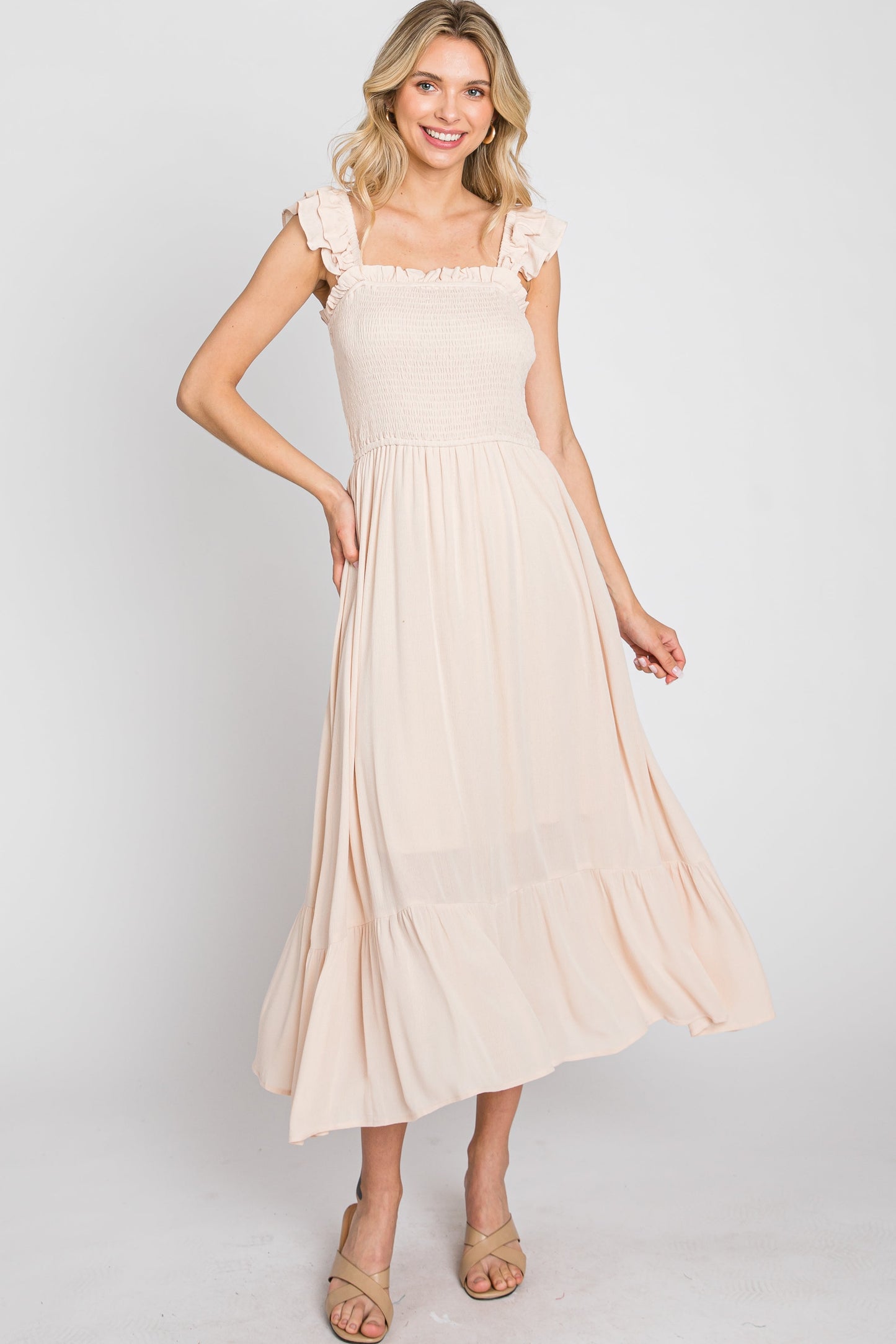 Beige Smocked Ruffle Accent Sleeveless Midi Dress