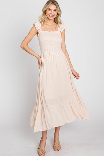 Beige Smocked Ruffle Accent Sleeveless Midi Dress