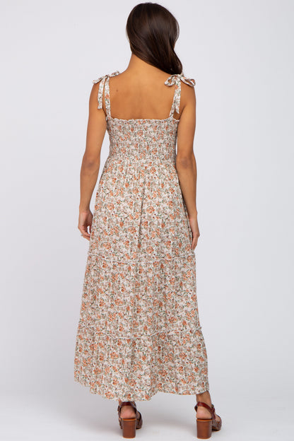 Beige Floral Sleeveless Tiered Maternity Maxi Dress