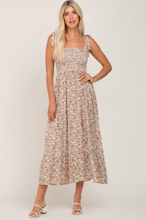 Beige Floral Sleeveless Tiered Maxi Dress