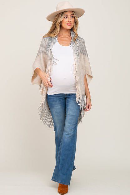 Beige Grey Fringe Knit Maternity Cover-Up