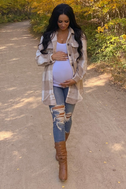 Beige Plaid Brushed Long Maternity Shacket