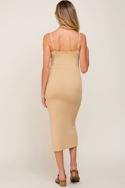 Beige Ribbed Knit Side Slit Maternity Midi Dress