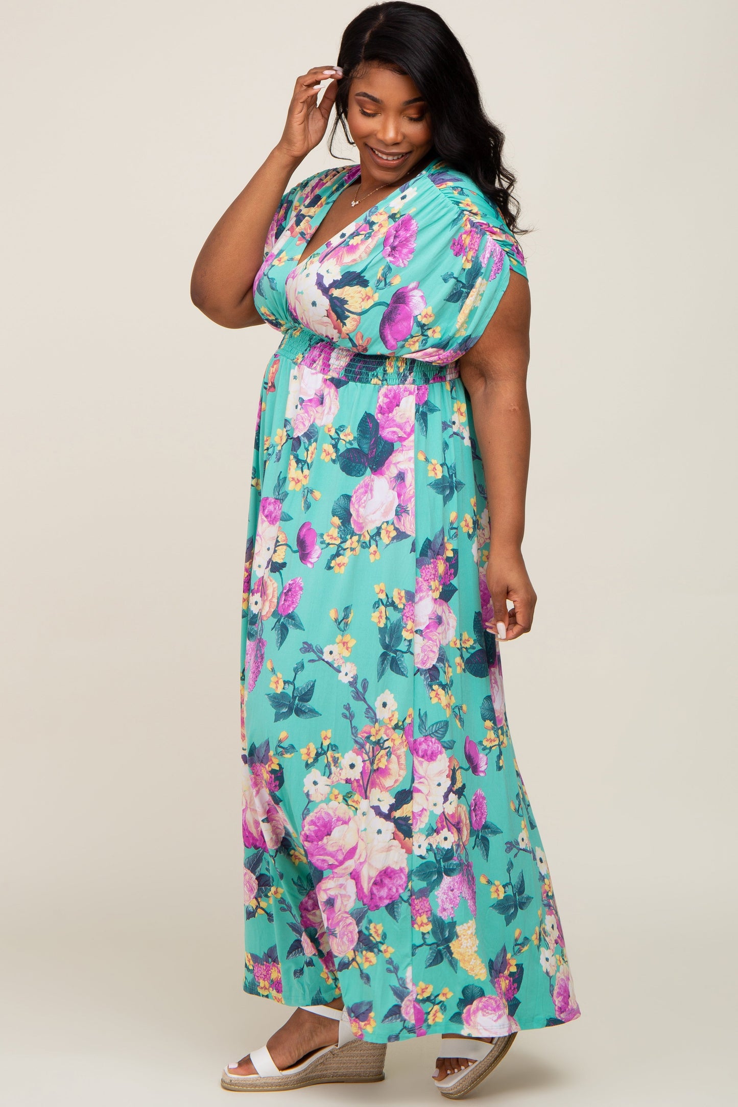 Aqua Floral Deep V-Neck Plus Maxi Dress