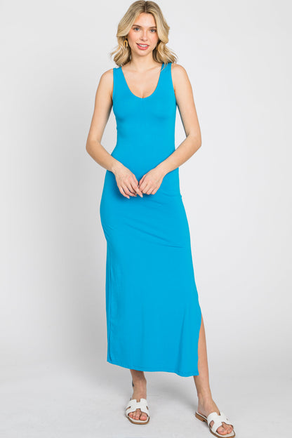 Aqua V-Neck Side Slit Midi Dress